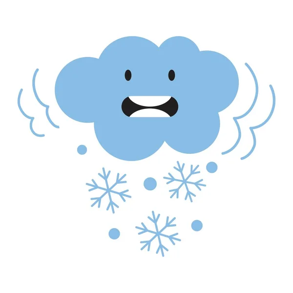 Cartoon cloud shivers from the cold and pours snow, kawaii style, flat style. Vector.