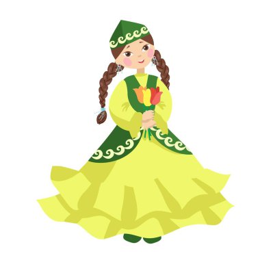 Illustration of a cartoon girl from Central Asia holding tulips in her hands. Nauryz. Vector graphics.