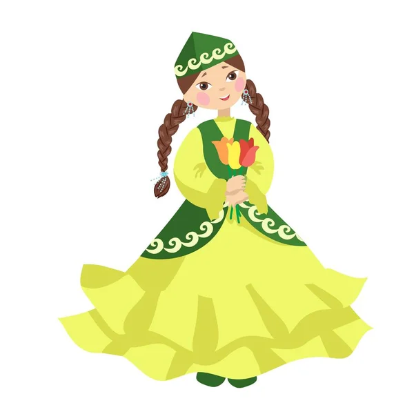 Illustration of a cartoon girl from Central Asia holding tulips in her hands. Nauryz. Vector graphics.