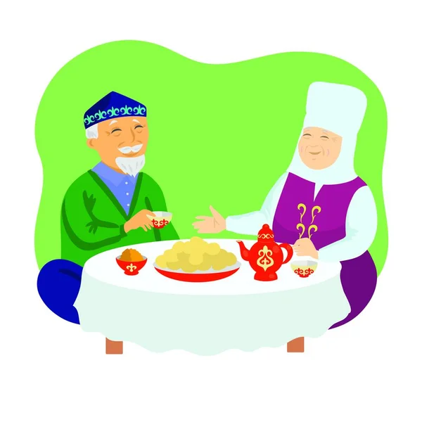 Kazakh old man and old woman drink tea. Vector.