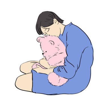 Hand drawn vector illustration of a sad asian girl hugging a teddy bear. Vector.