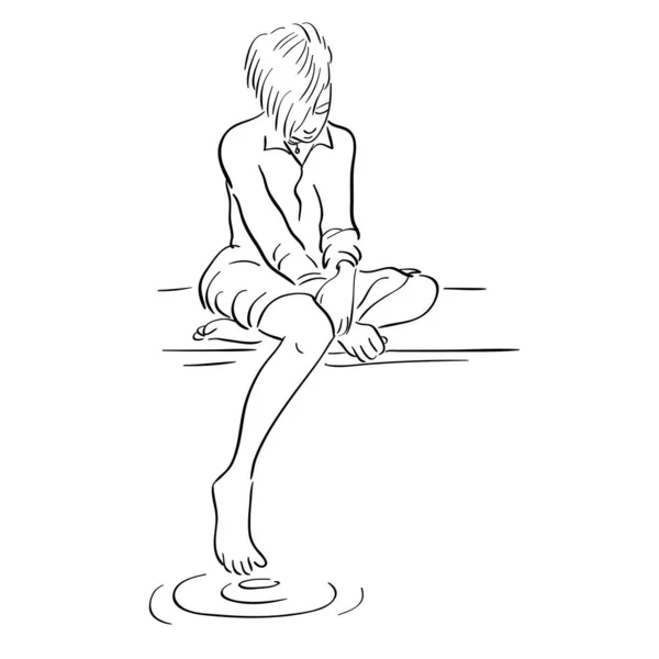 Hand drawn illustration. Sad young girl sitting barefoot by the pond. Vector.