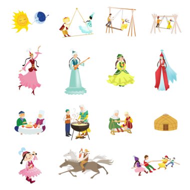 Set of vector illustrations in cartoon style of nomads of Central Asia and Kazakhstan. People in national costumes on a holiday and in everyday life. Vector.