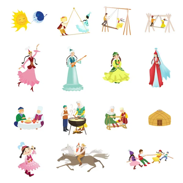 Set of vector illustrations in cartoon style of nomads of Central Asia and Kazakhstan. People in national costumes on a holiday and in everyday life. Vector.