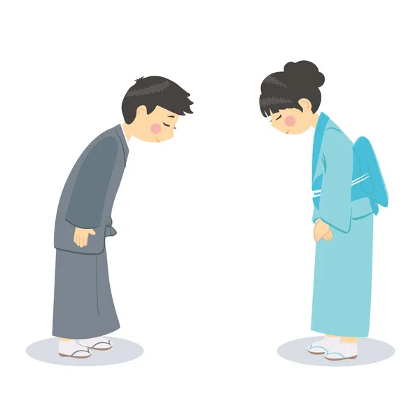 Vector cartoon Japanese children in kimono bowed to each other. Illutration