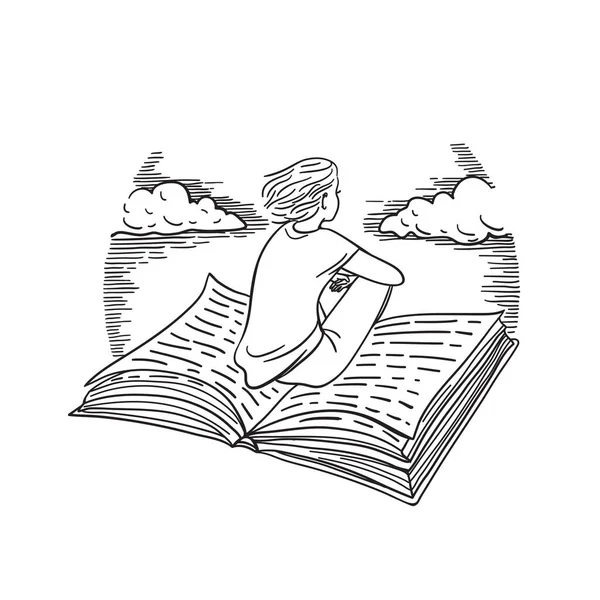 Hand drawn black and white ex libris in vector. Illustration of a man flying in the sky on an open book. Beautiful ink drawing illustration.