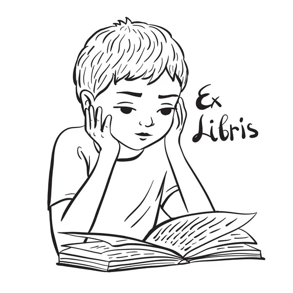El çizimi, kitap okuyan sevimli bir çocuğun siyah beyaz çizimi. Latince eski kütüphane yazıtı, yani kitaplardan. Asyalı çocuk.