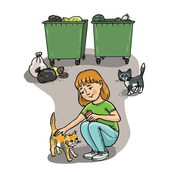 Evsiz hayvanlar üzerindeki mikroplar. Bir kız çöp tenekelerinin yanında evsiz bir kedi besliyor. Enfeksiyon tehlikesi. Elle çizilmiş renkli çizimler. Vektör.