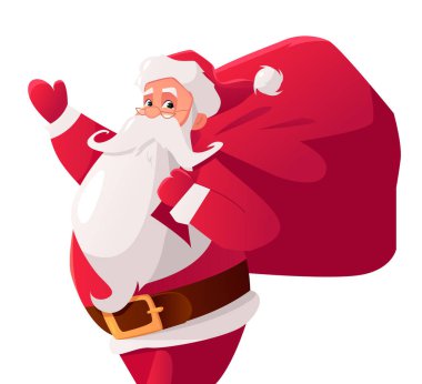 Beyaz arka planda izole edilmiş bir çantası olan komik mutlu Noel Baba. Kış sezonunda neşeli çizgi film karakteri. Vektör şirin illüstrasyon. Noel ve Yeni Yıl posterleri, hediye etiketleri ve etiketleri için.