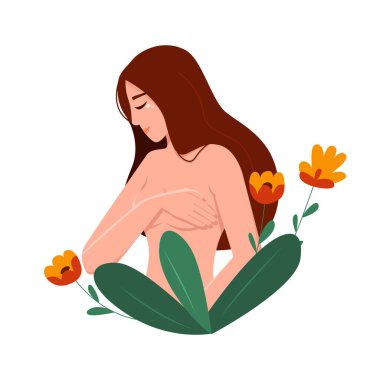 Meme Kanseri Farkındalığı Ayı. Genç kadın izole edilmiş. Kadın sağlık kampanyası dayanışması web şablonu tasarımı. Vektör Düz Çizgi Film İllüstrasyonu.