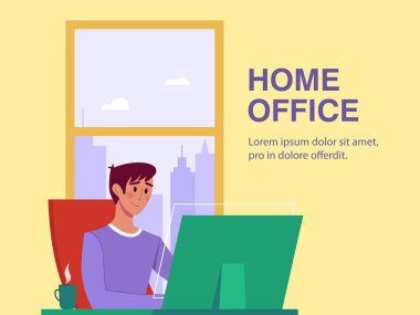 Merkez ofis. Mutlu iş adamı masaüstünde oturuyor. Bilgisayarda çalış, öğrenci ya da serbest çalışan. Düz biçimdeki şirin vektör illüstrasyonu.