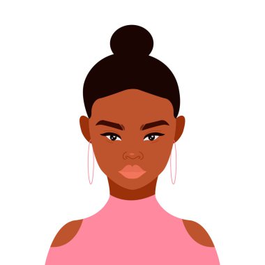 Siyahi kadın Asyalıyla beyazda yüz yüze. Güzel Afrikalı bir kızın portresi. Sosyal ağ için Avatar. Vektör düz resimleme.