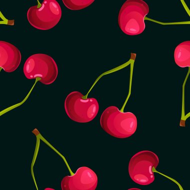 Seamless pattern with red cherry on a green background. Vector illustration  in cartoon style.