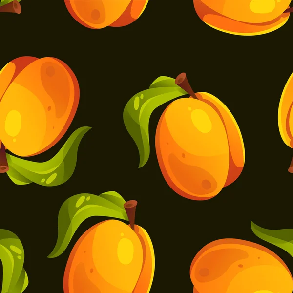 无缝隙的整个杏树图案 叶在黑色背景上 夏日热带无尽的背景 漫画风格的说明 包装用水果矢量设计 — 图库矢量图片