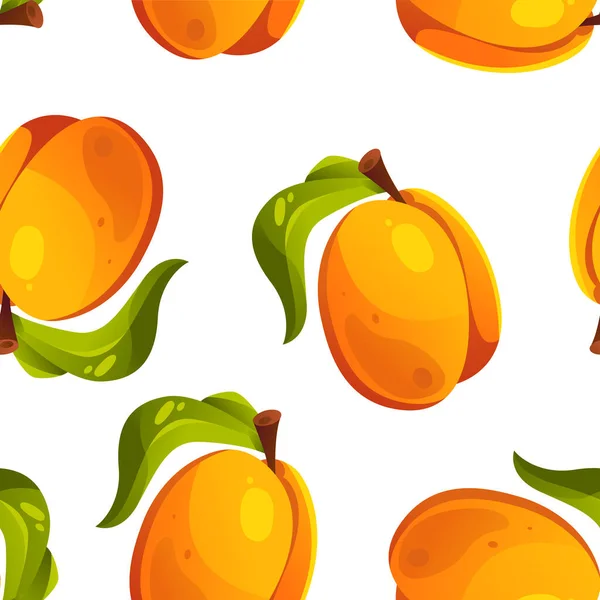 Apricot Fruits Leaves Vector Cartoon Seamless Pattern White Background — Vetor de Stock