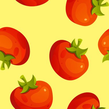 Sarı arka planda domates vektörsüz desen. Çizgi film tarzında sebzeler..