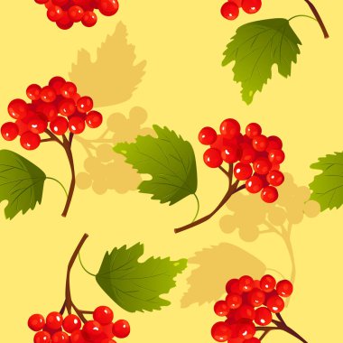 Seamless Pattern with Viburnum Red Berries on a yellow. Vector Autumn Cute Background. Symbol of Ukraine. 