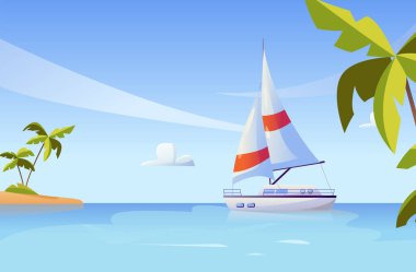 Summer Vacation on Sailing Yacht. Sea Landscape banner. Tropical Ocean. Vector Illustration in cartoon style.