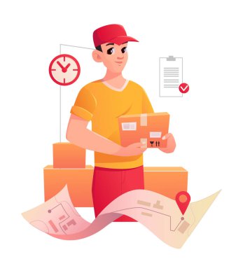 Courier holds a parcel. Delivery service. Vector Illustration in cartoon flat style.