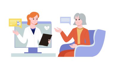 Senior woman has a video consultation on health issues with her doctor. Modern medical services and the concept of online telemedicine. Flat cartoon vector illustration.