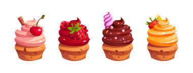 Set of different cupcakes with cream and berries. Vector cute cartoon illustration. Bakery shop, dessert, sweet products, cooking.