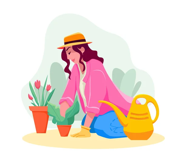 Woman Planting Garden Flowers Gardening Gardener Farmer Vector Cute Illustration — Stock Vector