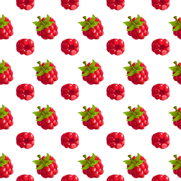 Seamless Pattern Red Raspberry Berries Leaves White Background Dalam Bahasa - Stok Vektor