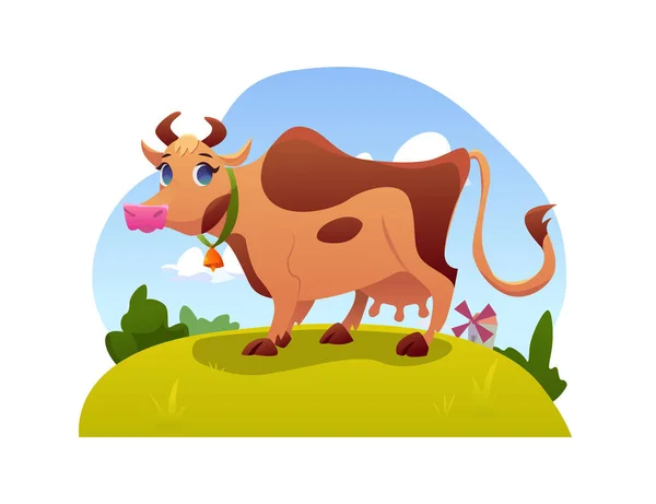 Milk Cow Grazing Meadow Farm Animal Feeding Organic Grassland Vector — Stock Vector