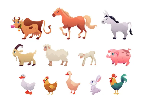 Фермерские Животные Изолированы Белом Фоне Симпатичный Мультфильм Animation Cow Horse — стоковый вектор