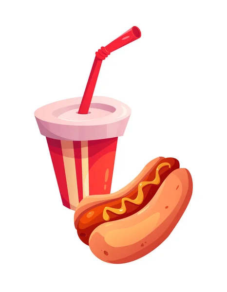 Fast Food Hot Dog Com Mostarda Refrigerante Beber Copo Papel — Vetor de Stock