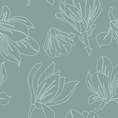 Mavi Arkaplanda Manolya Çiçekleri olan Kusursuz Çiçeksiz Vektör Deseni. Çizgi Sanatı İllüstrasyonu.