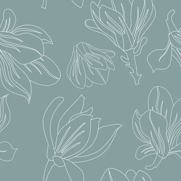 Vektor Sömlös Blommönster Med Magnolia Blommor Blå Bakgrund Illustration Linjekonst — Stock vektor