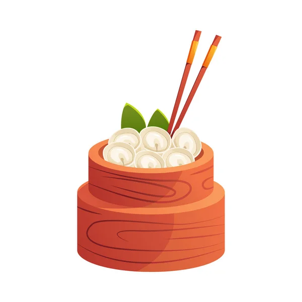 竹スチーマーバスケットの餃子 伝統的な中華料理 ベクトルイラスト アジア料理マンガ風 — ストックベクタ