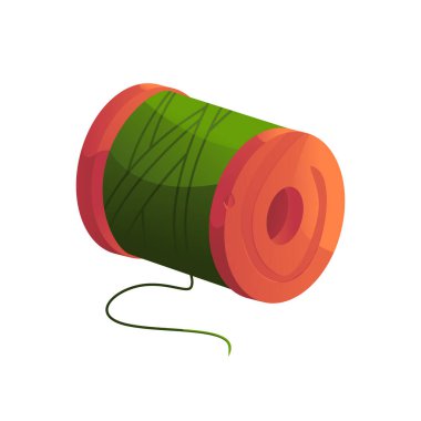 Beyaz arka planda izole edilmiş yeşil iplikli Bobbin Reel. Simge Terzi Aletleri. Çizgi film Biçiminde Vektör İllüstrasyonu.