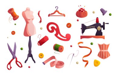 Dikiş Koleksiyonu. Terzi Aletleri - Dikiş Makinesi, Kukla, Kurdele, Kadın Korsesi, Hangar Giysileri, Fransız Eğrisi, Yüksük, İplik. Çizgi film Biçiminde Vektör İllüstrasyonu.