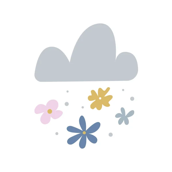 北欧スタイルの花のシャワーと雲 かわいいベクトルイラスト ベビーポスター カード 保育園の壁アート 部屋の装飾 — ストックベクタ