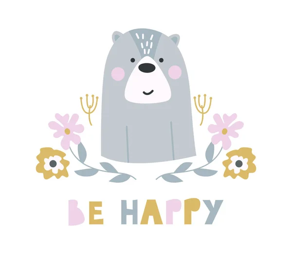 Charakter Malého Medvěda Buď Šťastný Typografie Design Izolovaná Medvědí Hlava — Stockový vektor