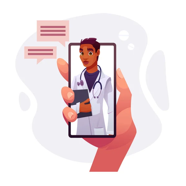 Conceito Medicina Online Hand Holds Phone Black Doctor Serviço Consulta —  Vetores de Stock