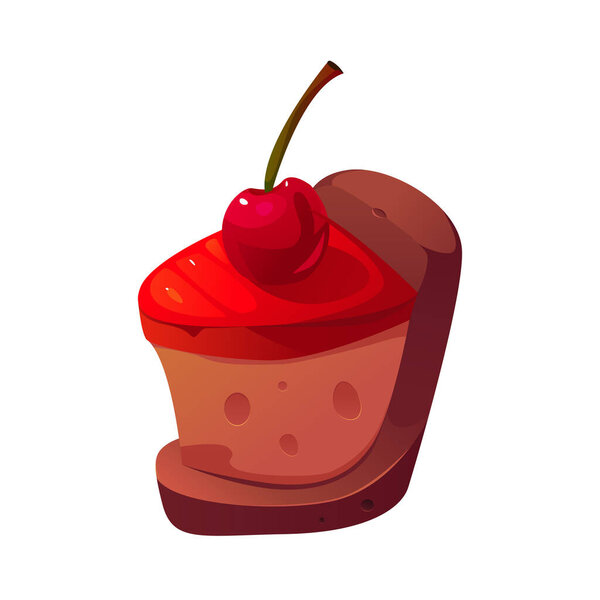 Кусок торта с вишней, изолированной на белом. Игровая икона. Симпатичный вектор в стиле мультфильмов.