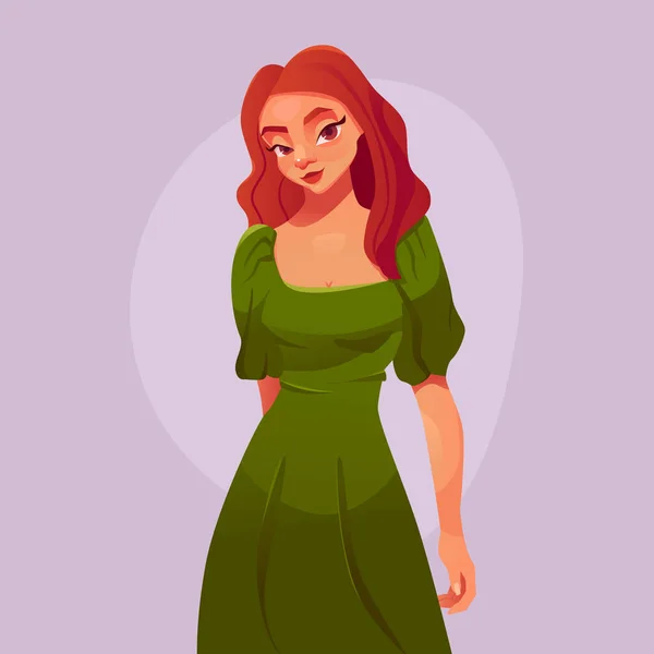 Hermosa Mujer Joven Modelo Vestido Verde Personaje Chica Dibujos Animados — Vector de stock