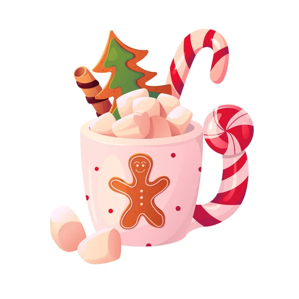 크리스마스 핫초코는 격리되어 핫초코나 쿠키와 머그에 카카오 스타일의 귀여운 반사기 — 스톡 벡터