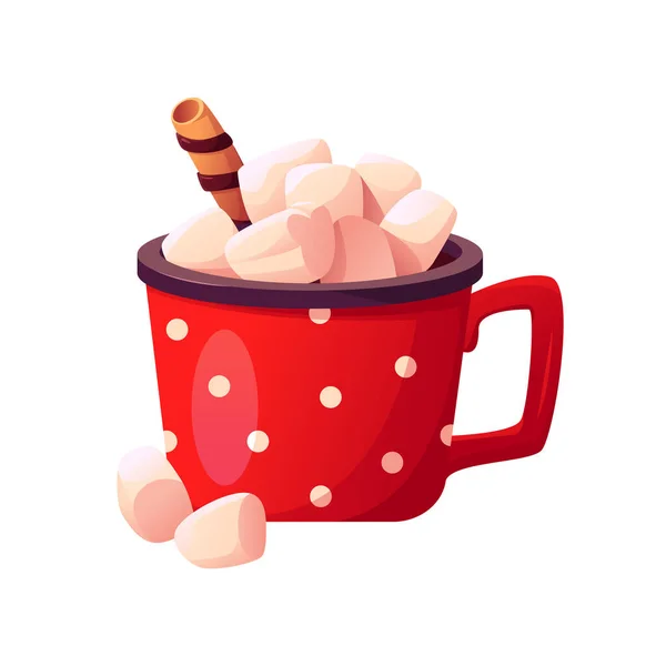 Kırmızı Kupa Kakao Marshmallow Simgesi Beyaz Üzerine Izole Edilmiş Sıcak — Stok Vektör