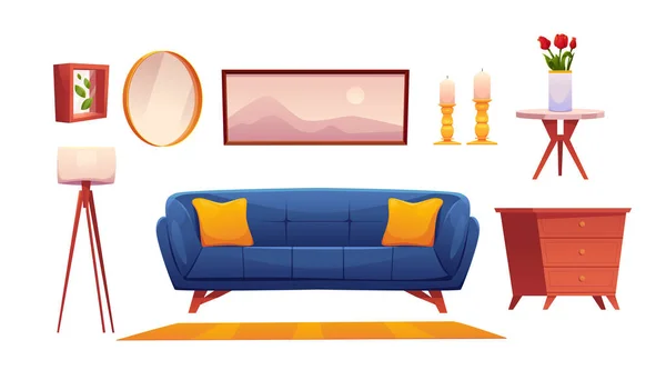Cartoon Set Furniture Decor White Background Житлова Кімната Софа Пілонами — стоковий вектор