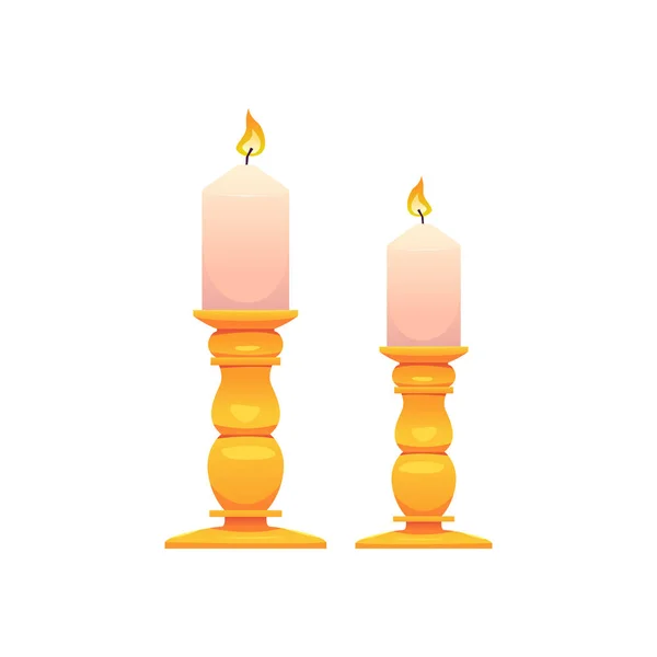 Candles Golden Candlesticks Isolated White Background Vector Illustration Cartoon Style — Stock Vector