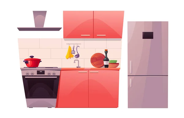 Conjunto Dibujos Animados Muebles Cocina Electrodomésticos Platos Aislados Blanco Ilustración Vector de stock