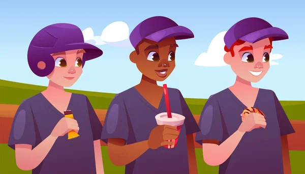 Молодёжная Бейсбольная Команда Наслаждается Закусками Скамейке Запасных Шоколадный Бар Напитки — стоковый вектор