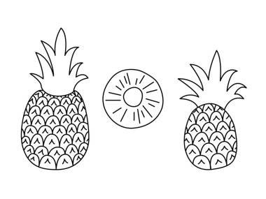 Pineapple Contour Line Drawing 'i ayarlayın. Her Amaç İçin Tasarım. Doodle Vektör İllüstrasyonu. Siyah Çizgi Renklendirme Sayfası.
