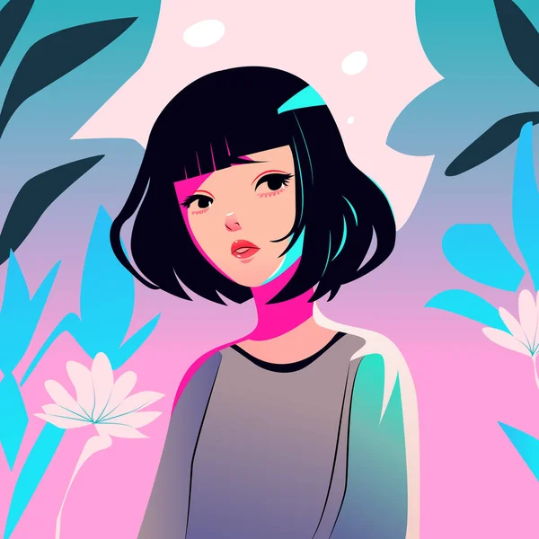 花を持つ若い女性とのアニメの背景 カラフルなベクターイラスト アニメキャラクター — ストックベクタ
