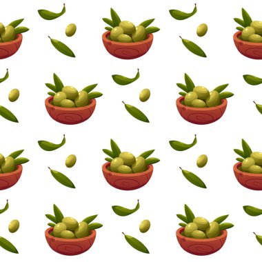 Tahta kâseli zeytin meyveleri. Vektör Gıda Arkaplanı.
