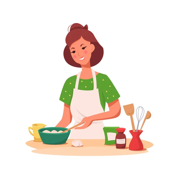 若い女性がキッチンで料理をしています 主婦キャラクター フラット漫画スタイルのベクトルイラスト — ストックベクタ